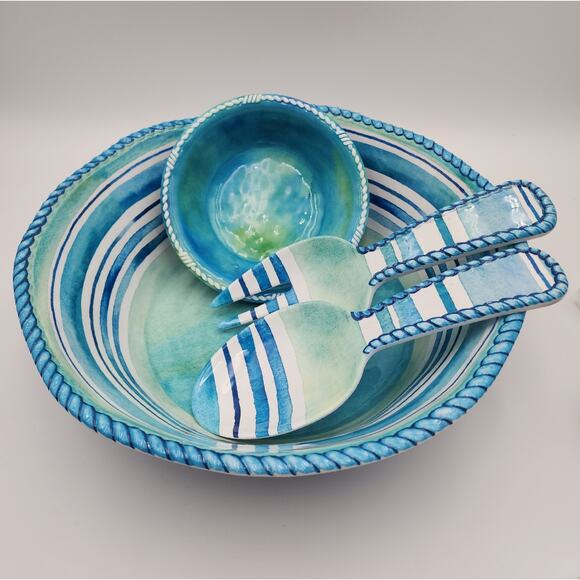 Salad Serving Set Cynthia Coulter Nautical Ocean Seaside Blue Stripes July 4th - Picture 1 of 15